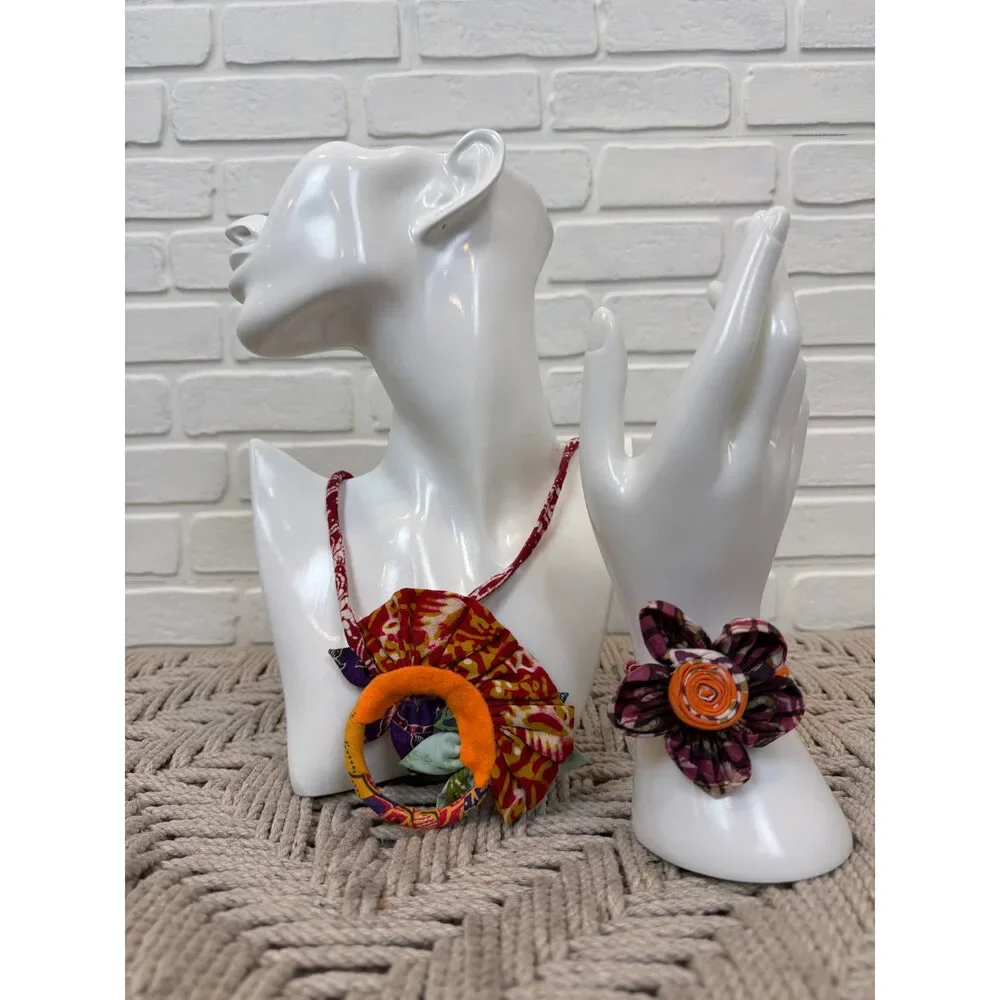 Handmade Fabric Flower Necklace & Bracelet Set Multi Sari Print Boho